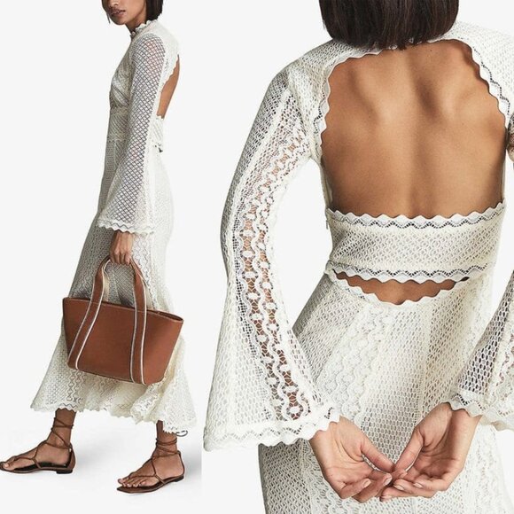 NWT Reiss Aspen Heavy Lace Midi Dress Sz 8 in White Bell Sleeves Cut-out Back - Picture 2 of 12